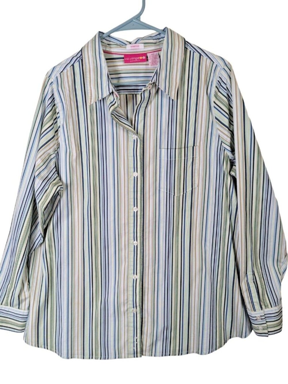 LIZ Lange Maternity Top Women Size XXL Button Up Stripe Shirt Blue Green Classic
